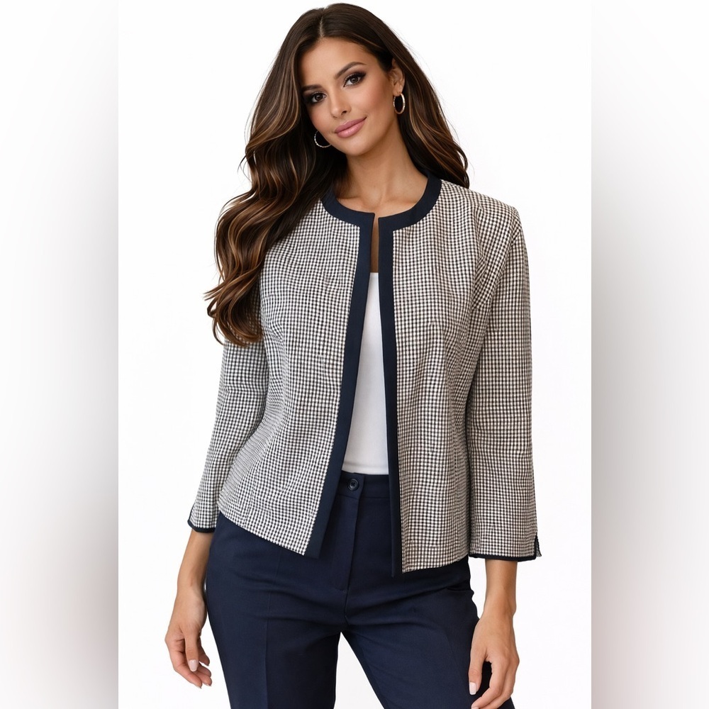 BEA Classics Size 14 Navy White Check Open Front Career Blazer Jacket
